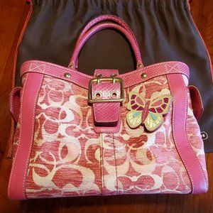 Coach Signature C Box Tote Pink Chenille and Python with matching wristlet